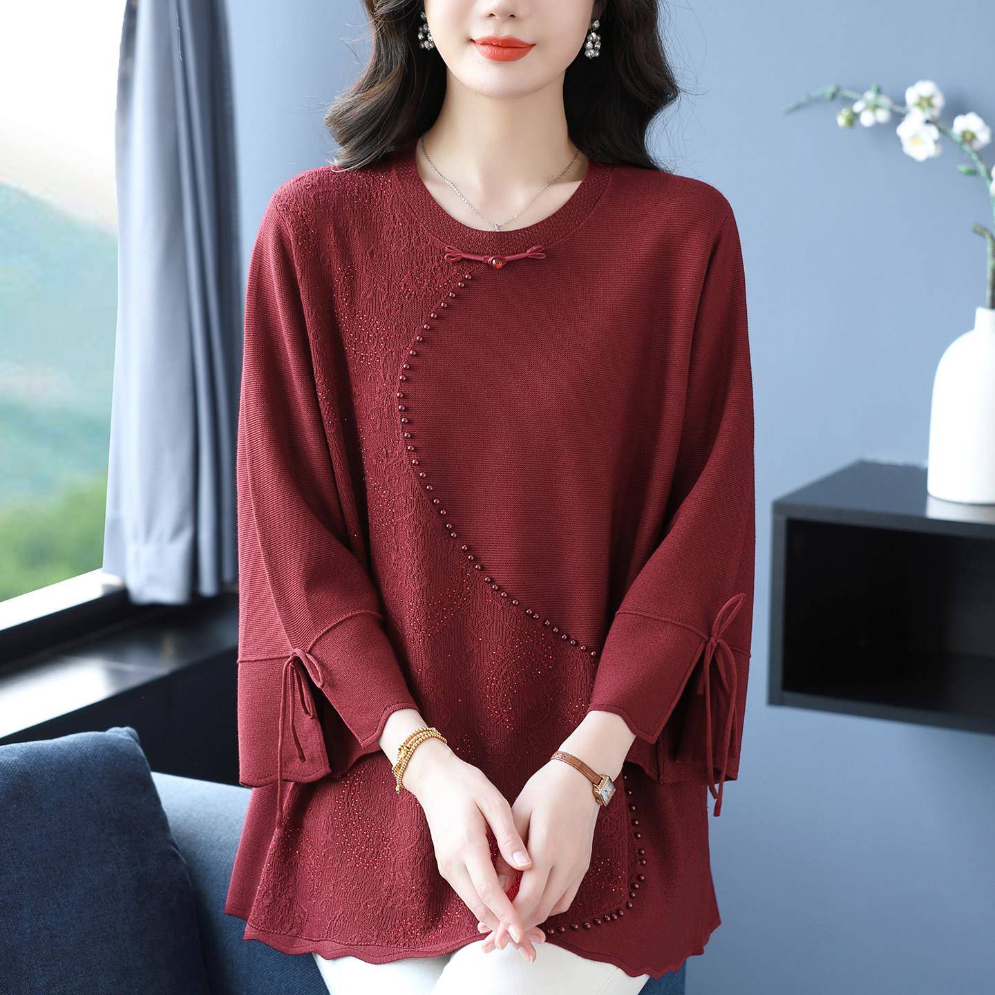 中式桑蚕丝针织衫女七分袖T恤春夏中年妈妈钉珠宽松遮肚显瘦上衣