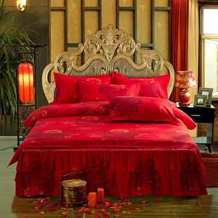 床裙结喜婚四件套大棉红色新婚被全棉纯婚庆双人床上被子品用 正品