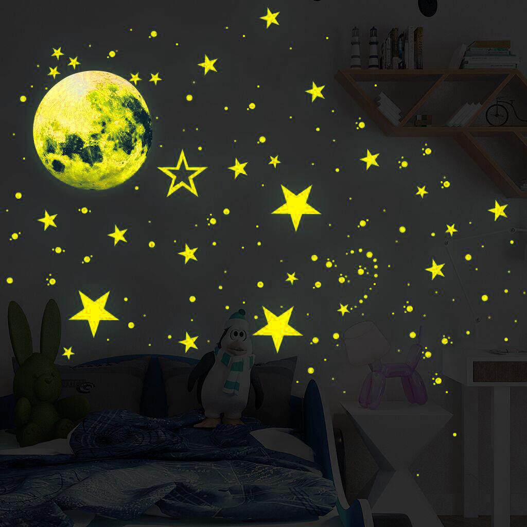 夜光月球发光星星圆点黄色荧光墙贴儿童房装饰品自粘卡通夜光贴纸