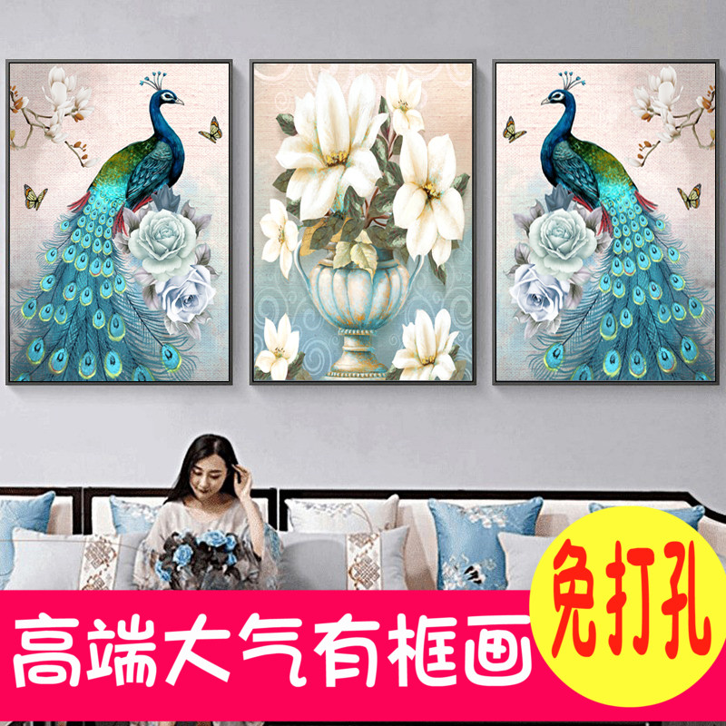 新中式现代装饰画客厅沙发背景墙孔雀富贵图壁画挂画过道画走廊画图片
