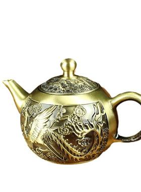 黄铜龙凤山水茶壶家居茶桌茶具纯铜摆件龙凤呈祥小茶壶会销礼品