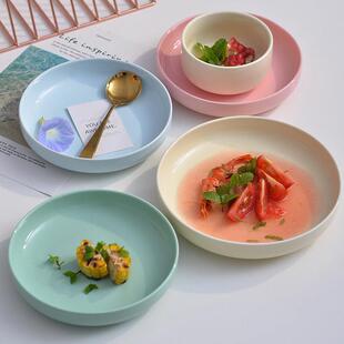 陶瓷深盘盘子家用网红餐具北欧彩色碟子可爱汤盘七寸八寸盘子餐盘