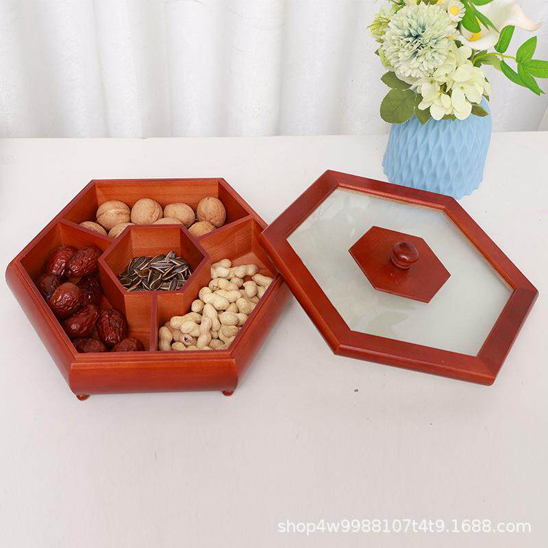现货木质中式分格带盖干果收纳盒桌面木盘糖果盒客厅多格坚果木盒