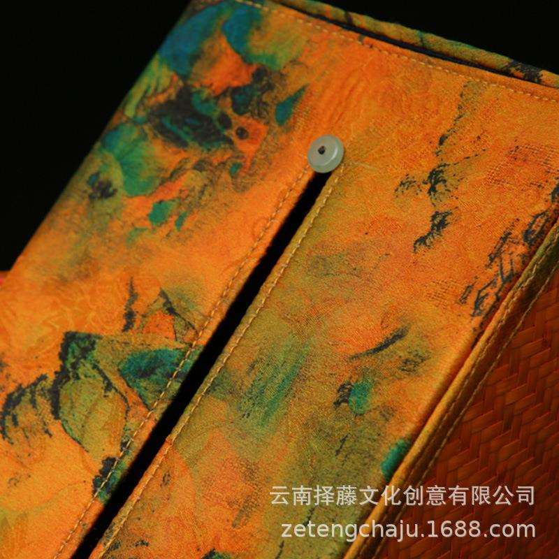 手工竹编纸巾盒缎面印花布艺抽纸盒中式茶艺茶桌摆件桌面收纳盒