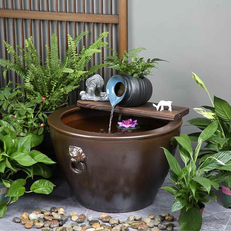 陶瓷水循环大缸古法养鱼缸大型流水落地陶罐造景过滤增氧老式水缸