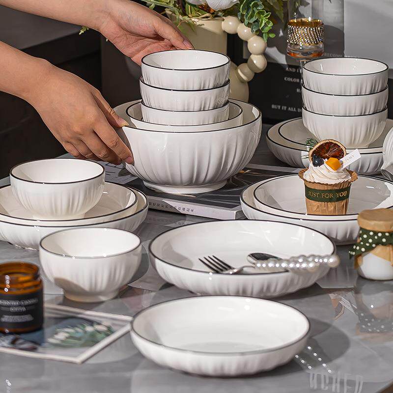 锦牌骨瓷餐具套装碗碟欧式轻奢精致汤盘金边陶瓷盘子菜盘家用深盘