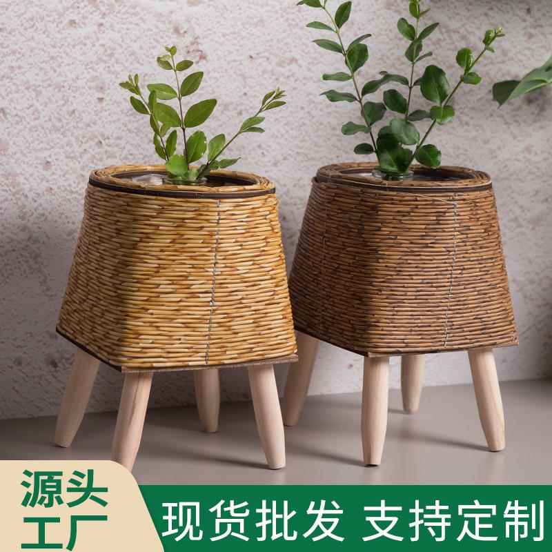 室内仿藤编花架三角支架花盆桌面创意多肉收纳容器办公室草编盆