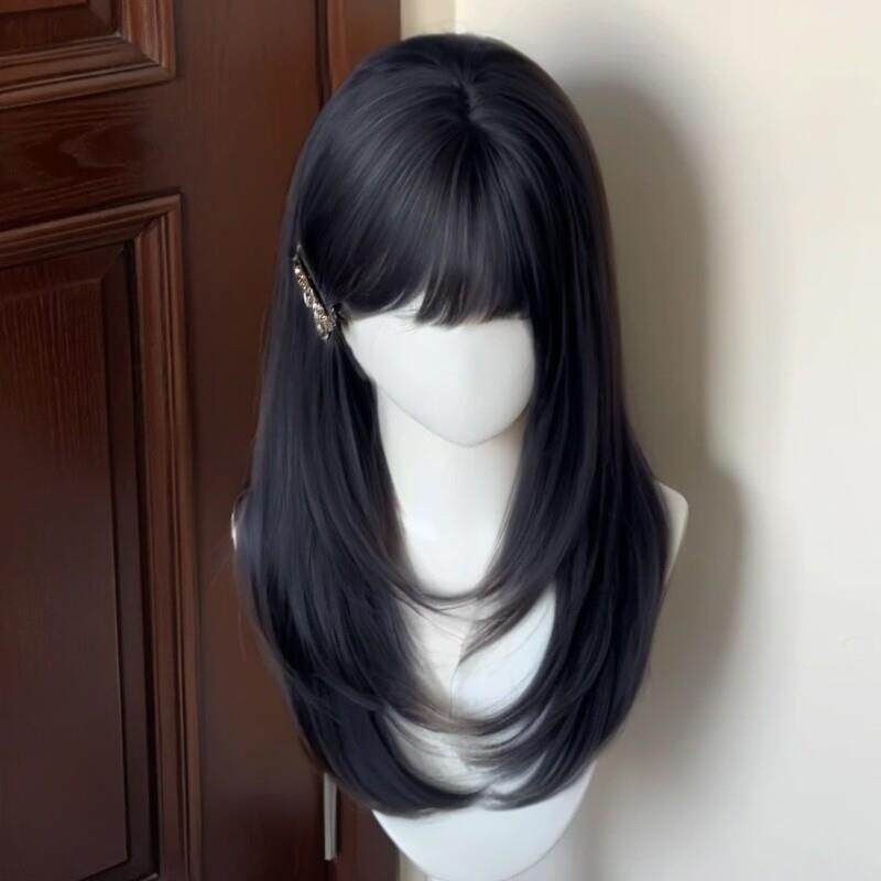 女孩假发女萝莉高层次黑长直日常lolita黑色jk日系齐浏海全头套式