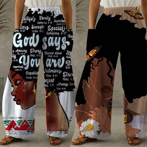 Plus Size Figure Print Pocket Elastic Waist Pants Casual