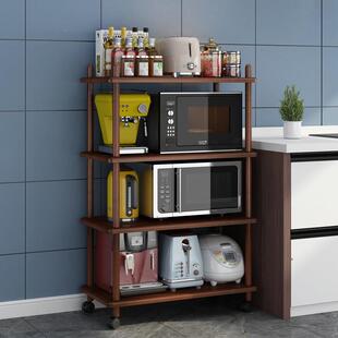 全实木厨房置物架微波炉烤箱架多层可移动锅具收纳架带轮储物货架