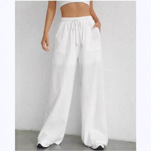 Women's Textured Linen Feel Tie Waist Pants Loose-Fit