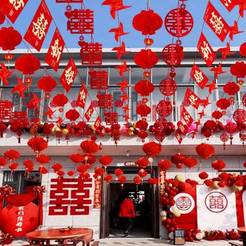 农村结婚院子装饰喜字灯笼场景布置彩旗男女方自建房庭院婚礼全套