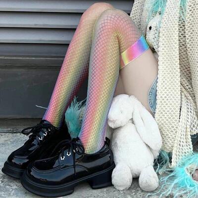 Women Sexy Long Fishnet Rainbow Color Stockings Y2K Niche De