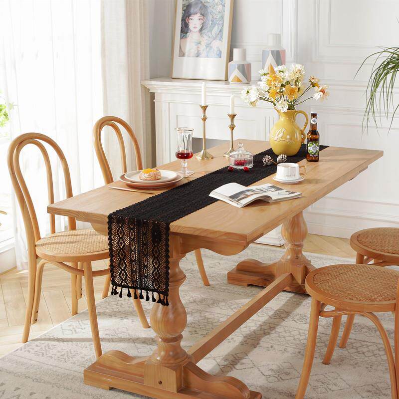 田园钩针镂空餐桌布蕾丝流苏双边波浪黑色白桌旗厂家一件