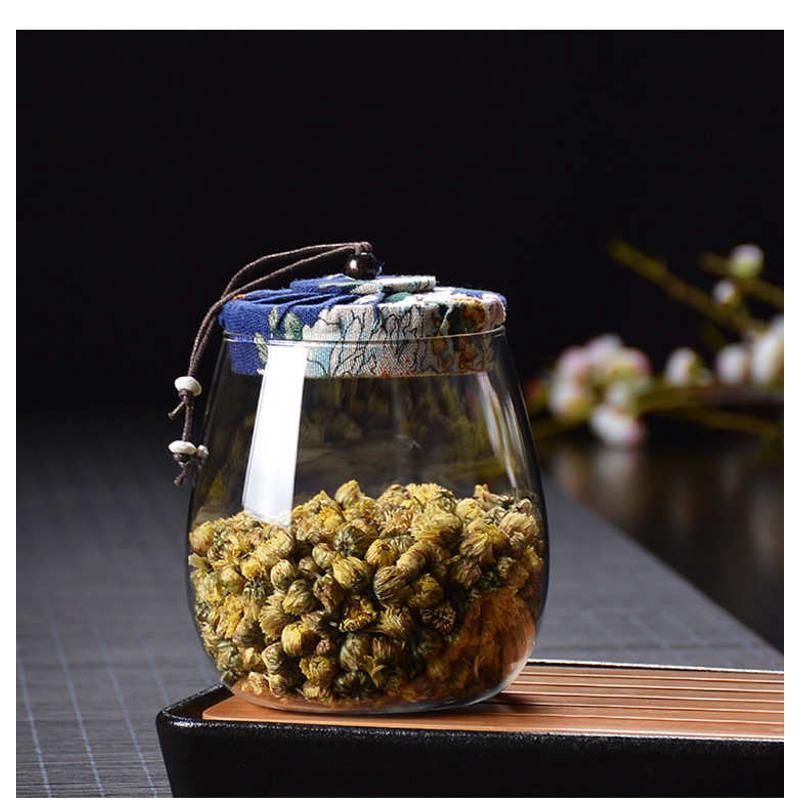 新款花布盖茶叶罐耐热玻璃储物罐茶仓家用糖果花茶罐 茶具配件