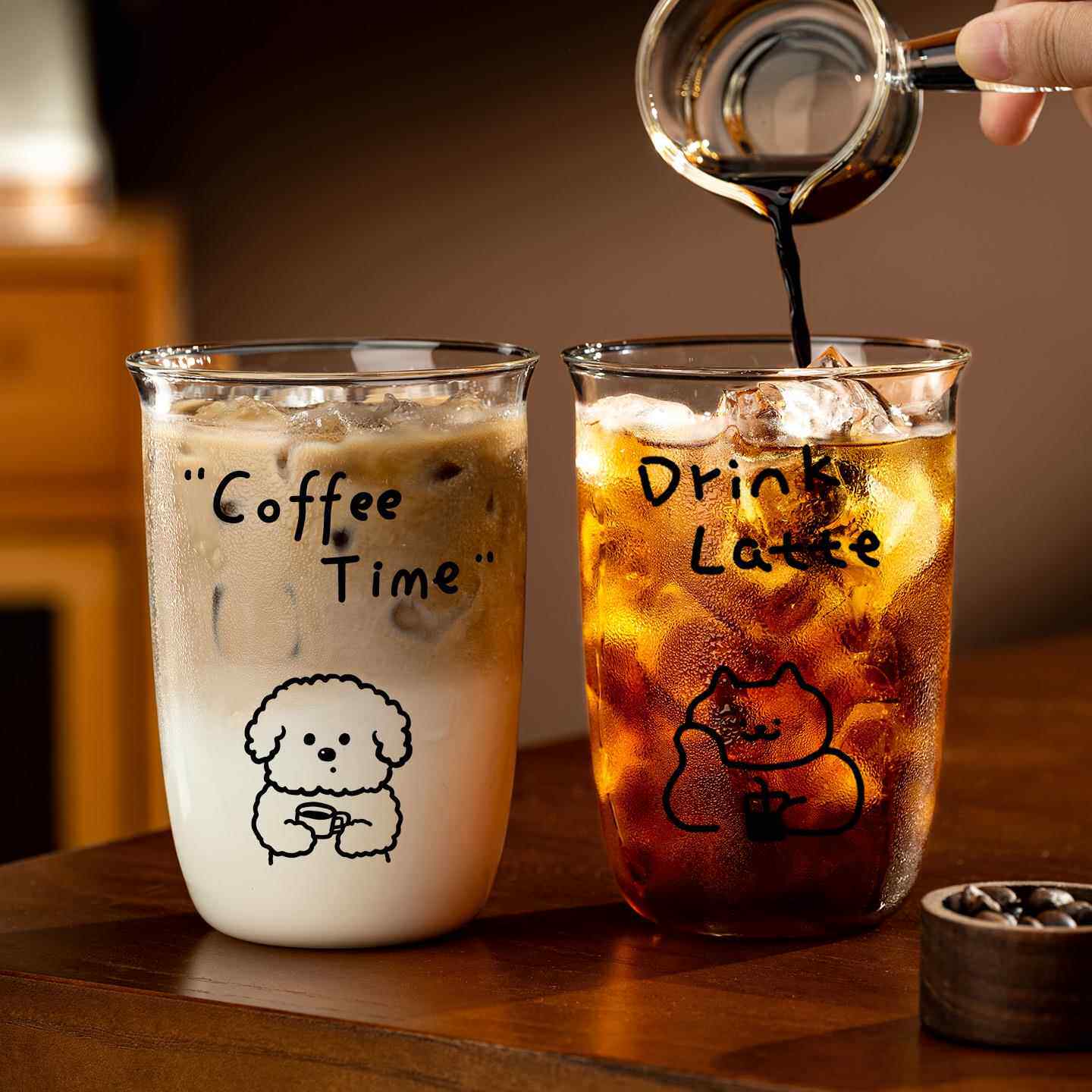 高颜值透明咖啡杯美式拿铁手冲冷饮玻璃杯子加厚敞口果汁杯家用商