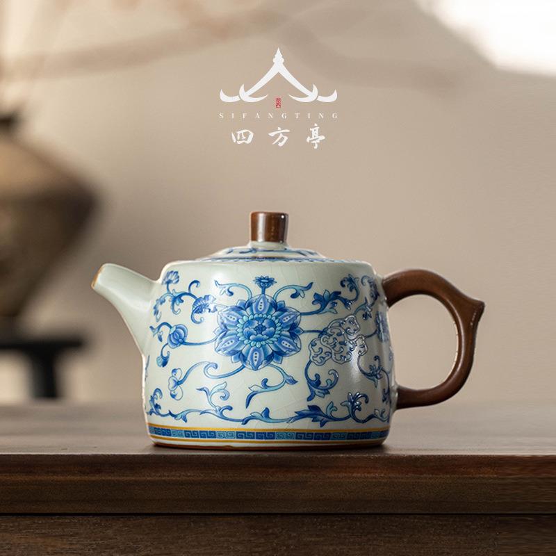 汝窑茶壶青花瓷单壶高档茶具汝瓷井栏壶陶瓷大号泡茶壶冰裂釉新款