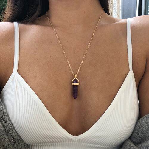 Fashion Opal Stone Hexagonal Column Quartz Necklaces for Wom