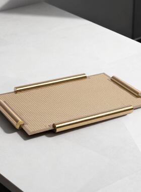 现代简约创意金属皮革托盘样板间客厅装饰盘收纳盘艺术软装摆件