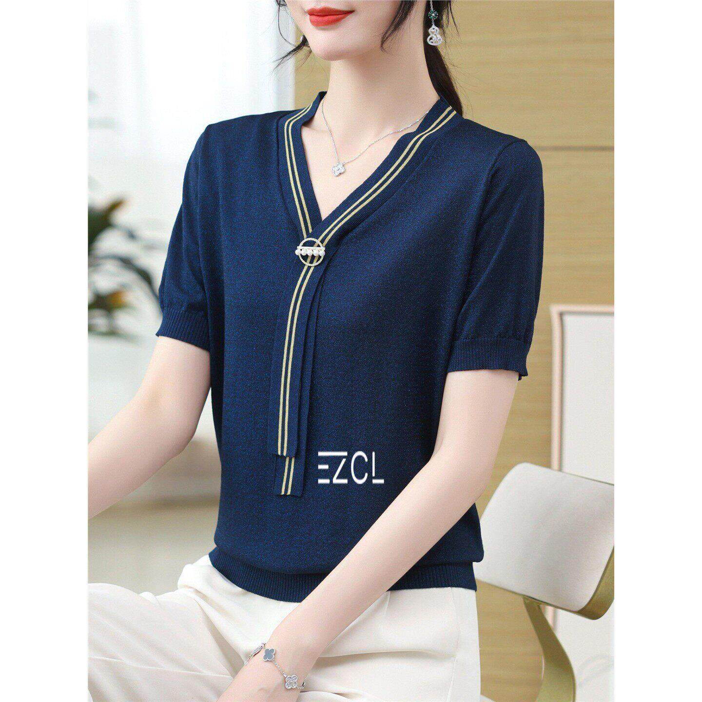 EZCL 2026新款V领条纹针织短袖t恤女夏季薄款冰丝针织衫大码上衣