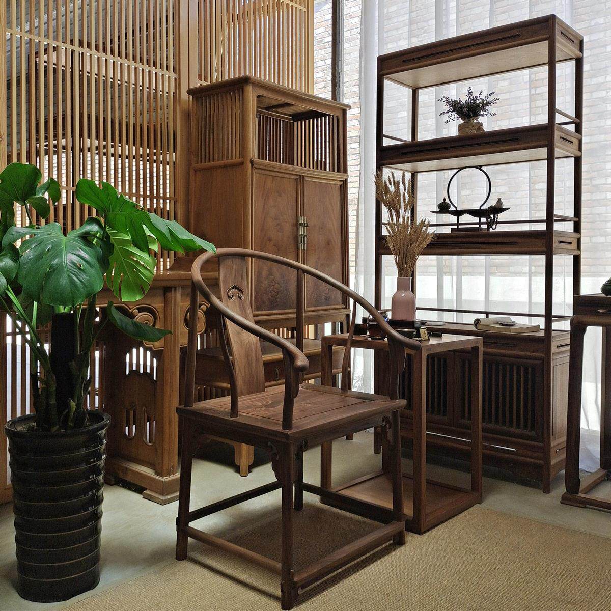 新中式黑胡桃实木圈椅明式茶室家具老榆木茶桌椅禅椅太师椅餐椅餐