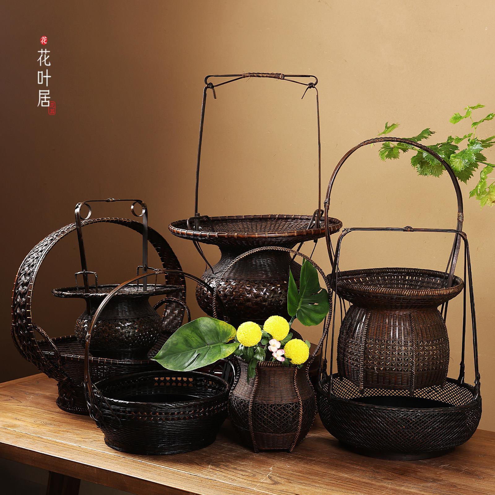 手工花篮插花器皿竹编竹篮藤编提篮水果篮复古禅意花器桌面摆件
