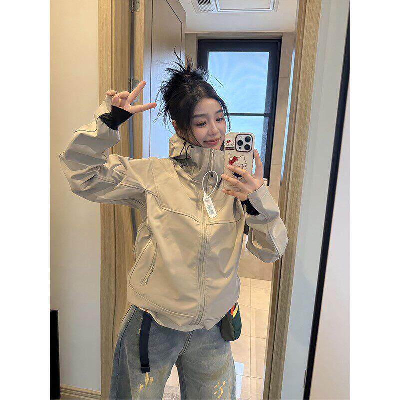 岩石灰户外硬壳冲锋衣男女爬山多巴胺穿搭徒步登山服防风夹克外套