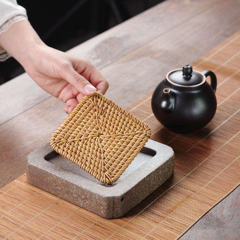 日式粗陶壶承壶托 藤编干泡盘茶垫茶托茶台蓄水储水小茶盘