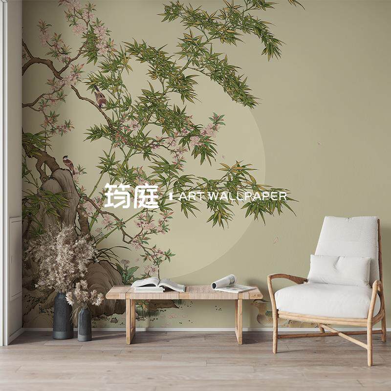 新中式竹子桃花壁纸壁布墙布客厅餐厅卧室墙纸电视背景墙定制壁画