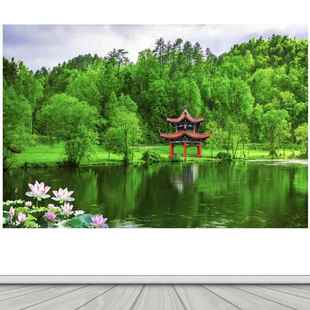 湖泊山水青山绿水荷花亭子客厅家用背景墙海报自黏贴纸装饰墙贴画