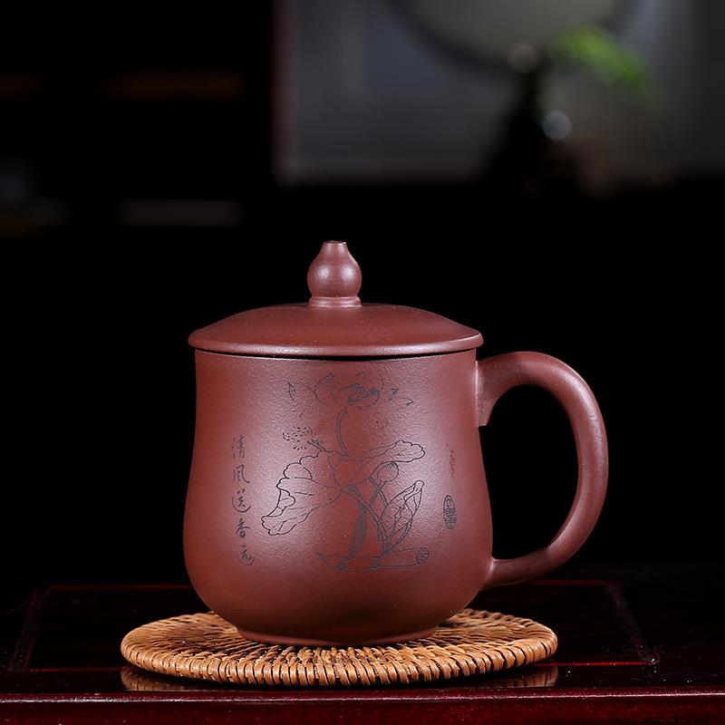 宜兴紫砂杯带盖会议室全手工紫泥刻画非玻璃茶杯茶具可logo刻字