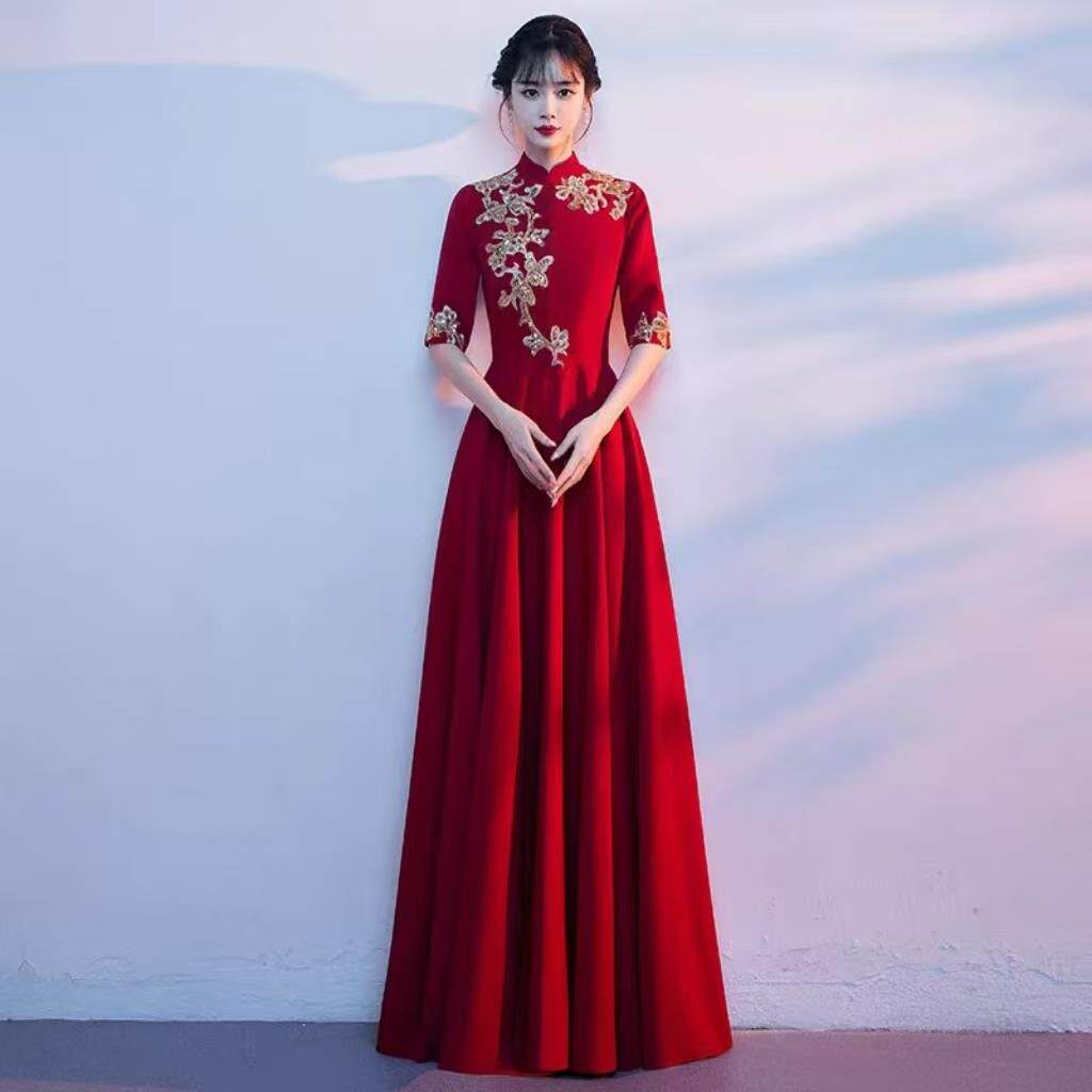 正品旗袍大礼合唱团唱演出服长裙女酒新中式民歌独晚服红色指挥比