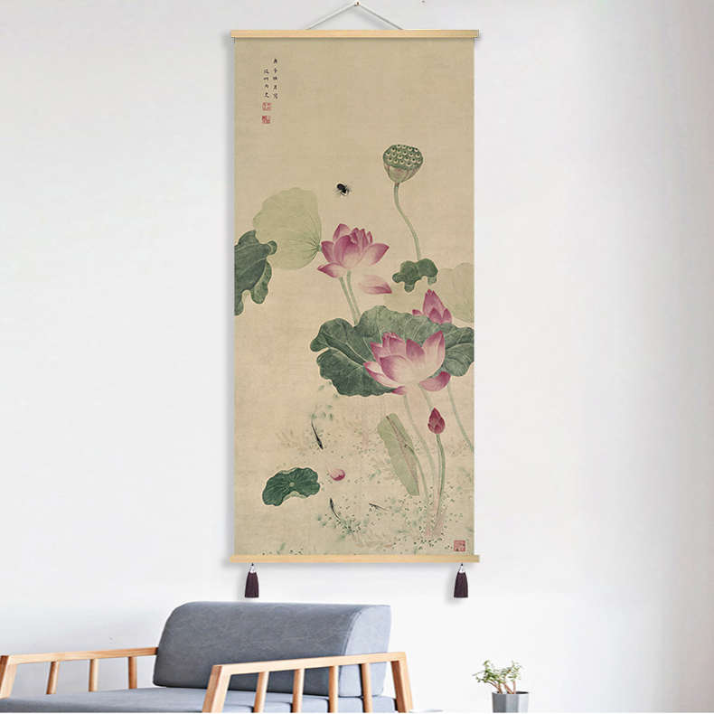 新中式仿古画工笔荷花装饰画布艺挂画书房茶室背景墙壁画简约复古图片