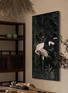 法式中古仙鹤玄关装饰画中国风高级感走廊过道挂画复古黑色竖版画