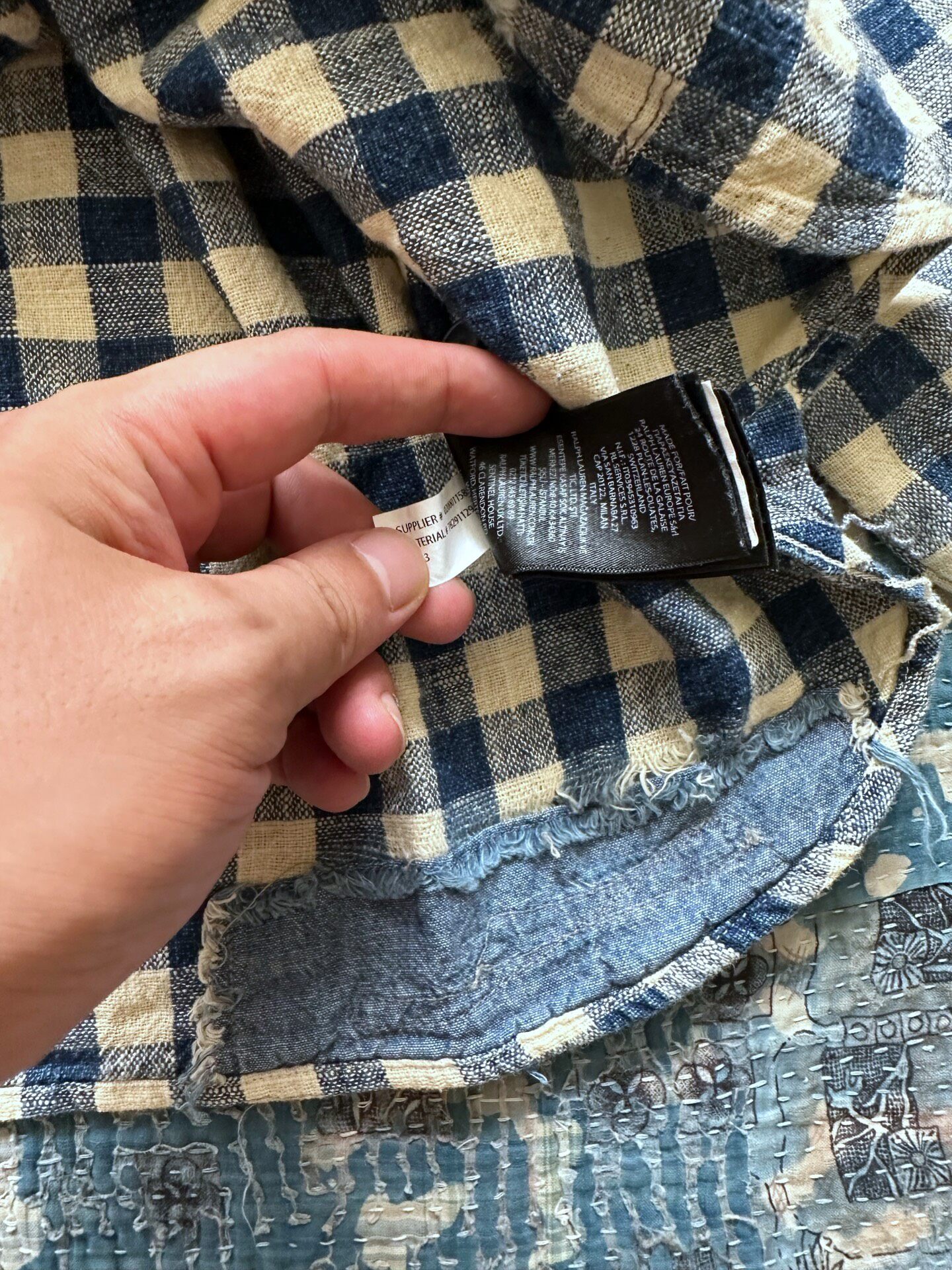 RRL Distressed Check Workwear Shirt — label