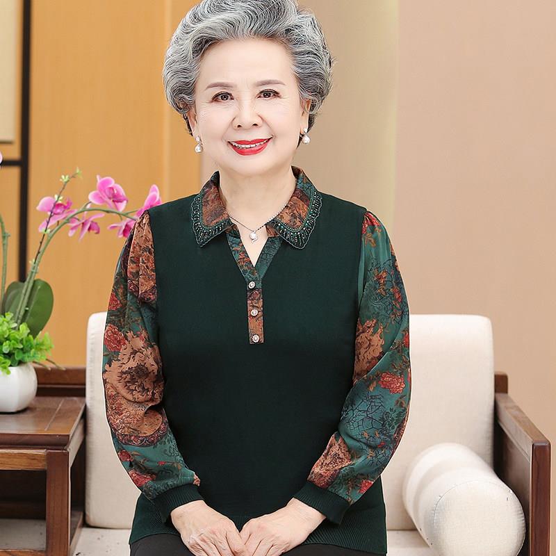中老年人早秋装女长袖上衣服妈妈太太T恤打底衫60-70岁奶奶夏衬衫