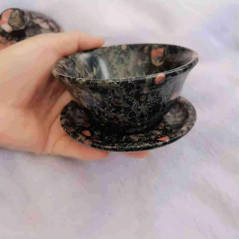 梅花玉茶碗盖碗批发带磁性 安山岩玉酒具茶具玉石茶杯玉器工艺品