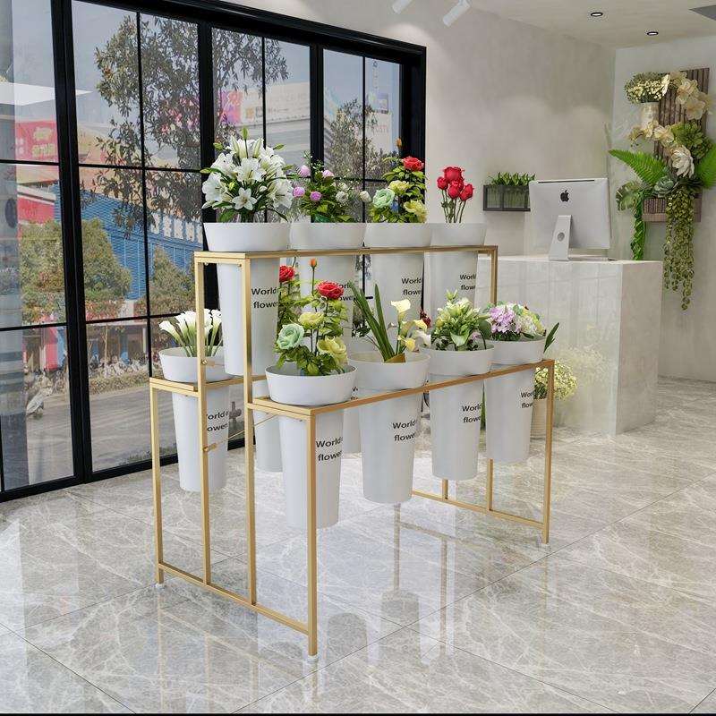 金色落地花架鲜花展示架铁艺多层货架梯形架子铁艺花桶架婚庆用架