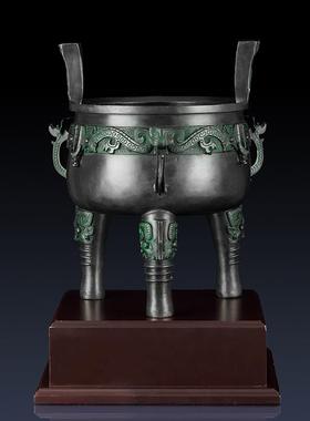 纯黄铜五耳龙纹鼎摆件青铜鼎装饰办公室招财铜鼎礼品青铜器工艺品