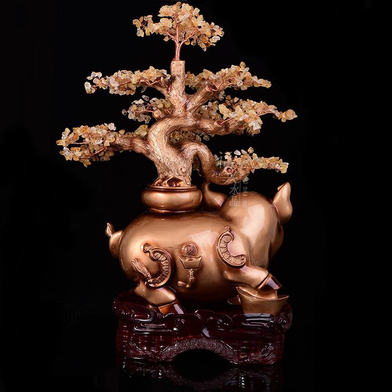 天然黄水晶新年招财金猪摆件摇钱树发财树客厅玄关装饰品店铺开业