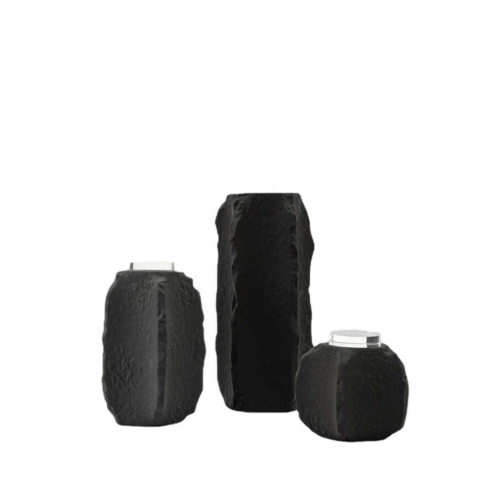 侘寂风花瓶陶瓷雕刻石头软装饰品客厅玄关摆件简约干花花器批发鑫