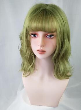 高档绿色假发女发短长发酷帅气潮色公主切短卷发齐海网红新中式发