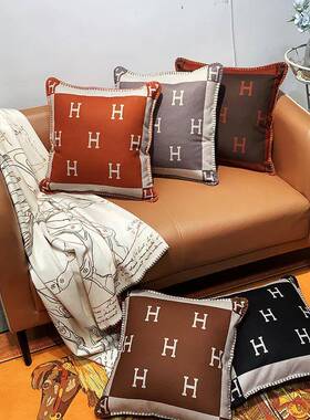 毛轻奢羊呢H抱厅枕NAR锁边工艺毛呢墅客沙发装饰方靠垫样板别间腰