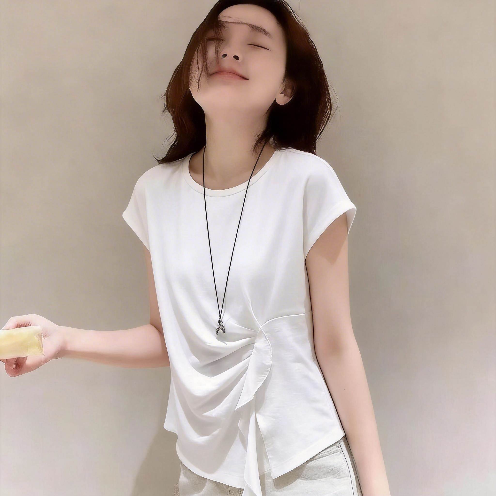 韩国超好看设计感小众飞飞袖白色衬衫女夏季新款显瘦收腰短袖小衫