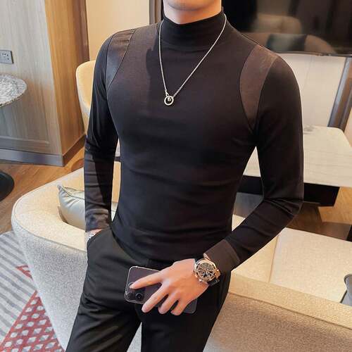 秋冬半高领拼接长袖T恤男加绒打底衫高级感时尚弹力修身中领0921z