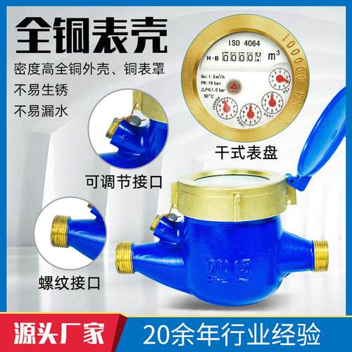 干式外调旋翼式螺纹冷水表家用全铜蓝壳水平自来水冷热表 DN15-40