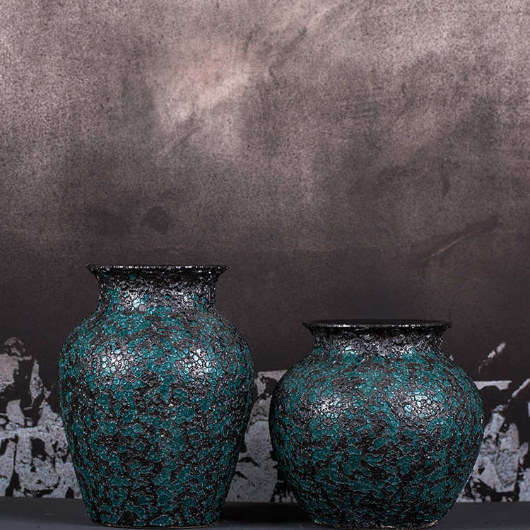 景德镇陶瓷器落地复古中式大花瓶摆件客厅复古手工陶瓷花瓶两件套