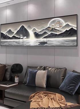 流水生财山水风景画客厅沙发背景墙装饰画新中式山水横版挂画横幅
