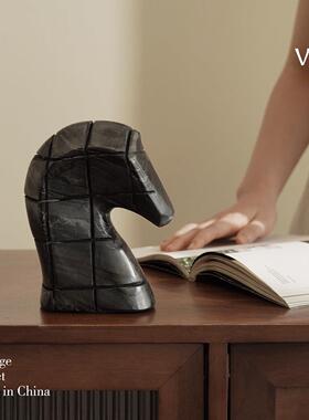 梵其侘寂风黑色大理石抽象马头摆件样板间客厅书房酒柜桌面装饰品