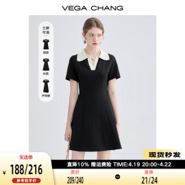 VEGA CHANG高级感连衣裙女夏小个子POLO领英伦风显瘦通勤黑裙子